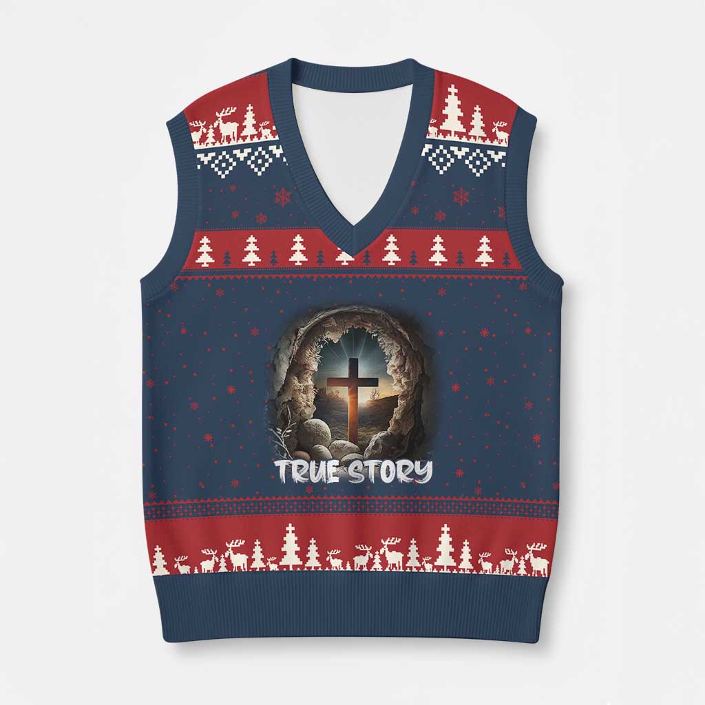 Jesus True Story V-Neck Knit Sweater Vest Resurrection He Is Risen Religious Easter TS02 Navy Red Print Your Wear