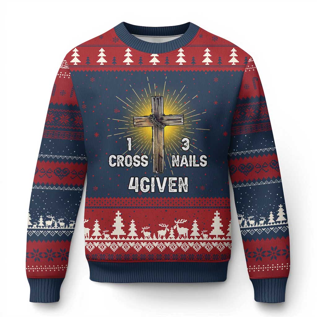 Religious Easter Ugly Christmas Sweater 1 Cross 3 Nails Forgiven Christian Cross Jesus TS02 Navy Red Print Your Wear