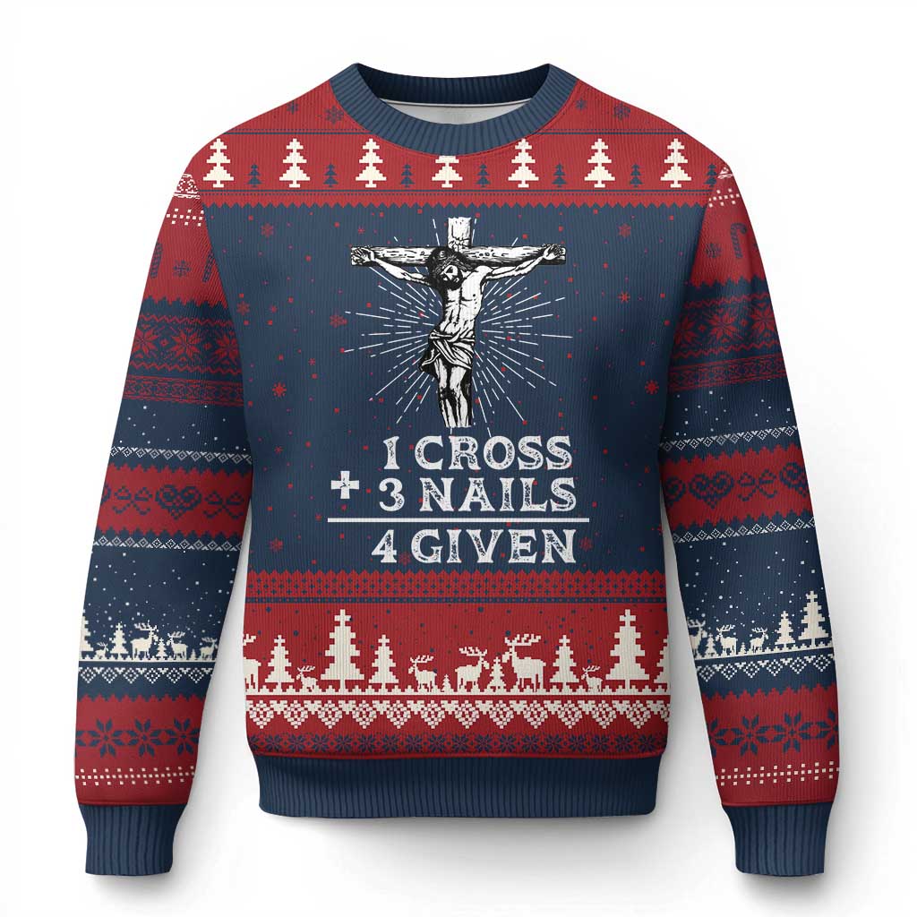 Religious Easter Ugly Christmas Sweater 1 Cross 3 Nails Forgiven Jesus Christian Faith TS02 Navy Red Print Your Wear