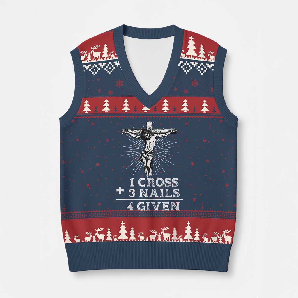 Religious Easter V-Neck Knit Sweater Vest 1 Cross 3 Nails Forgiven Jesus Christian Faith TS02 Navy Red Print Your Wear