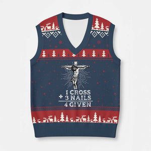 Religious Easter V-Neck Knit Sweater Vest 1 Cross 3 Nails Forgiven Jesus Christian Faith TS02 Navy Red Print Your Wear