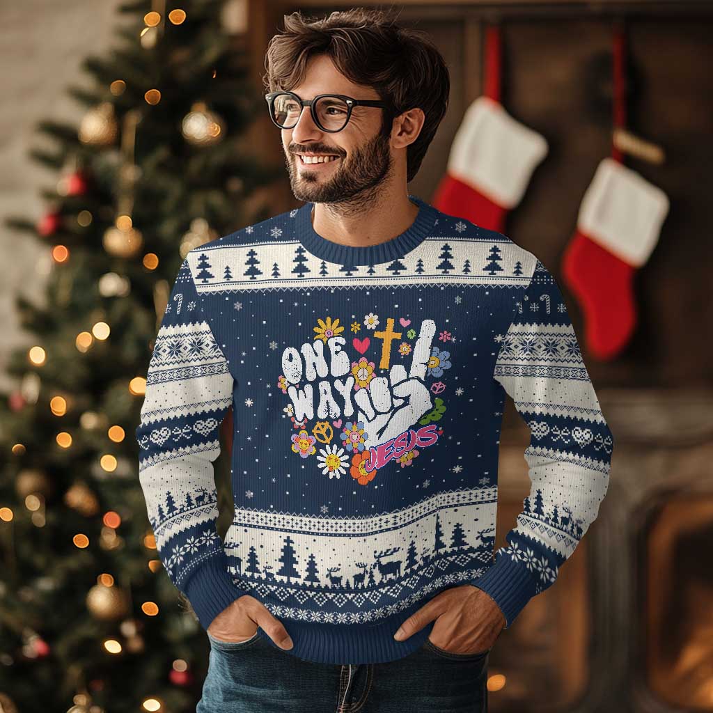 One Way Jesus Ugly Christmas Sweater Christian Relgion Retro Hippie TS02 Navy Beige Print Your Wear