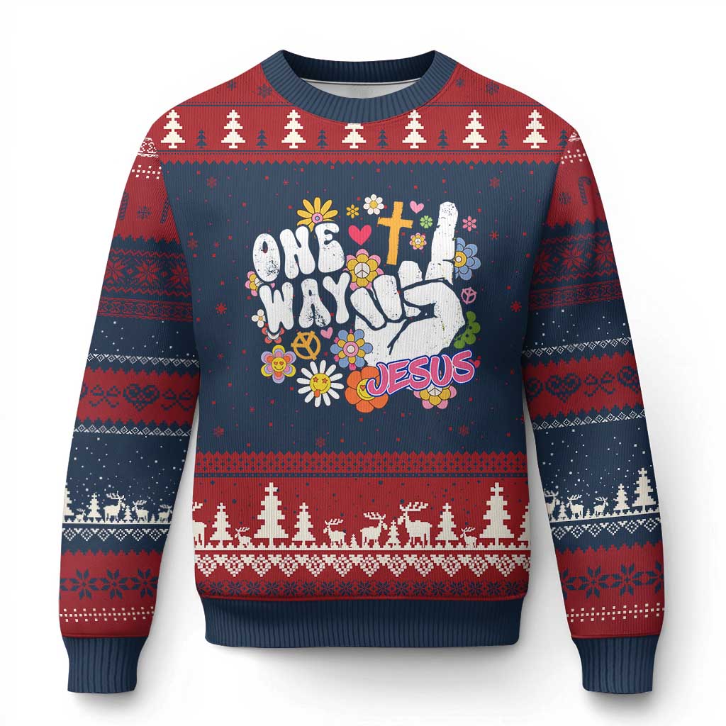 One Way Jesus Ugly Christmas Sweater Christian Relgion Retro Hippie TS02 Navy Red Print Your Wear
