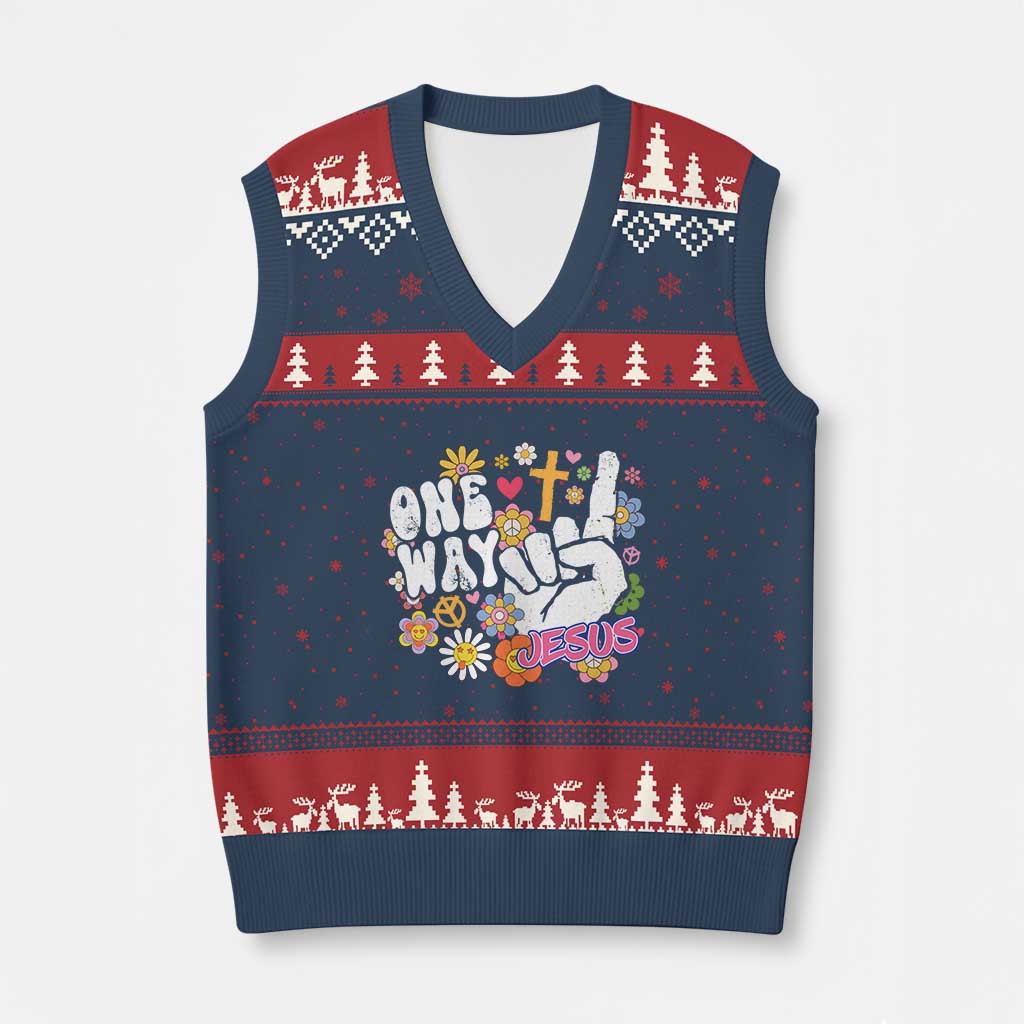 One Way Jesus V-Neck Knit Sweater Vest Christian Relgion Retro Hippie TS02 Navy Red Print Your Wear
