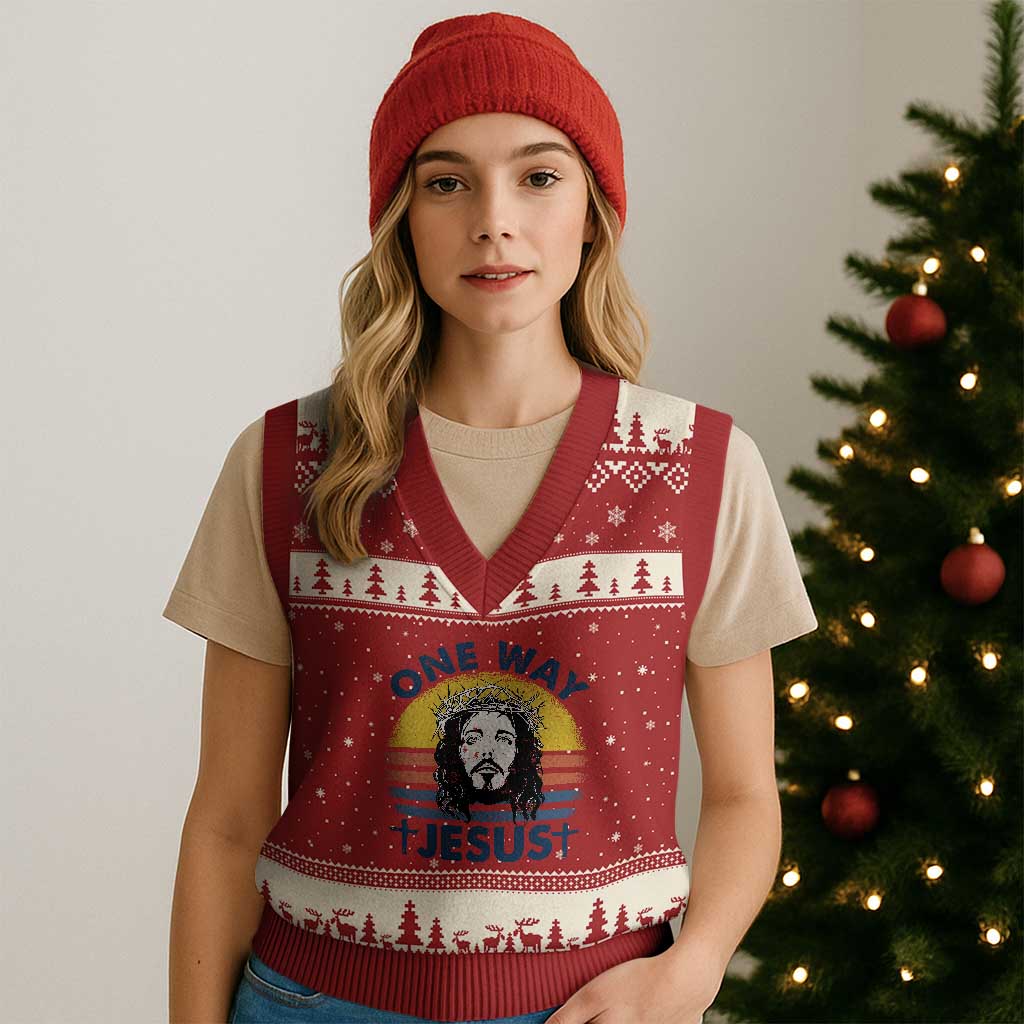 One Way Jesus V-Neck Knit Sweater Vest Christian Relgion Retro Vintage TS02 Red Beige Print Your Wear
