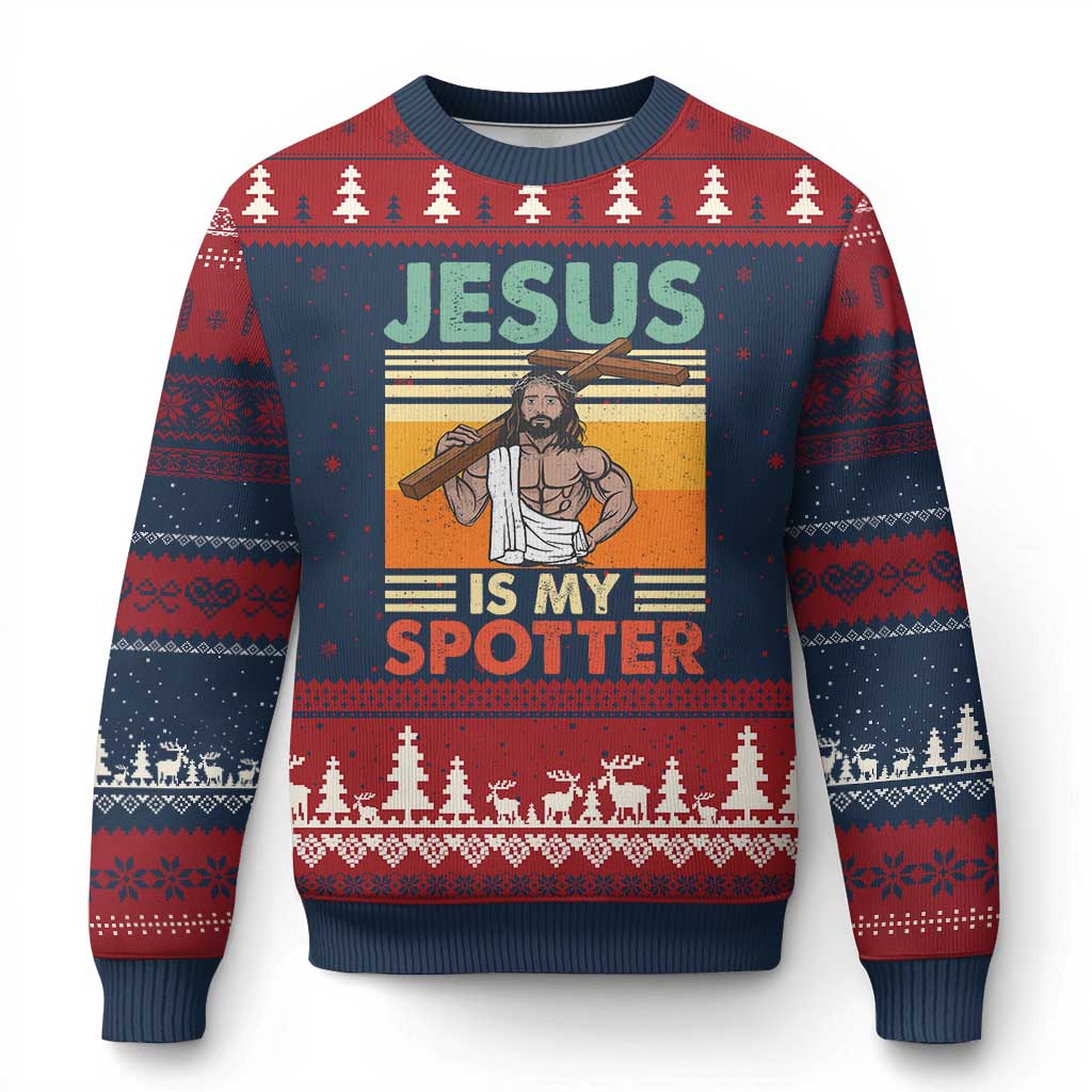 Jesus Is My Spotter Ugly Christmas Sweater Funny Gym Christian Fitness TS02 Navy Red Print Your Wear