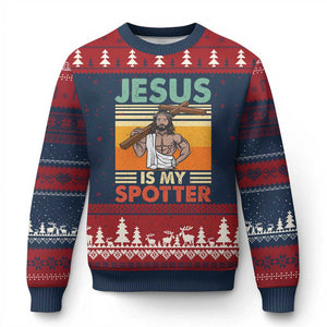 Jesus Is My Spotter Ugly Christmas Sweater Funny Gym Christian Fitness TS02 Navy Red Print Your Wear