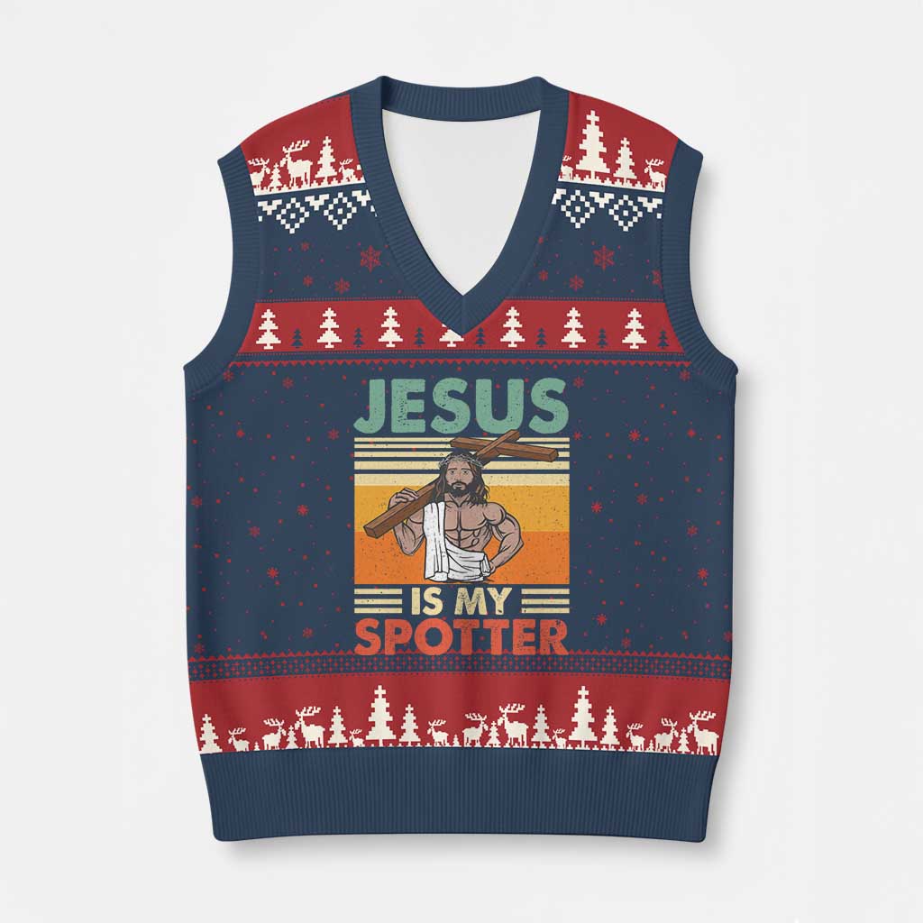 Jesus Is My Spotter V-Neck Knit Sweater Vest Funny Gym Christian Fitness TS02 Navy Red Print Your Wear