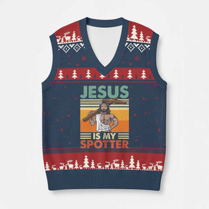 Jesus Is My Spotter V-Neck Knit Sweater Vest Funny Gym Christian Fitness TS02 Navy Red Print Your Wear