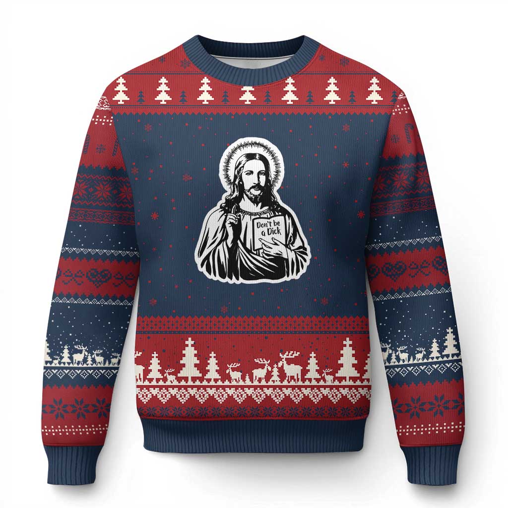 Funny Jesus Saying Ugly Christmas Sweater Don't Be A D*ck TS02 Navy Red Print Your Wear