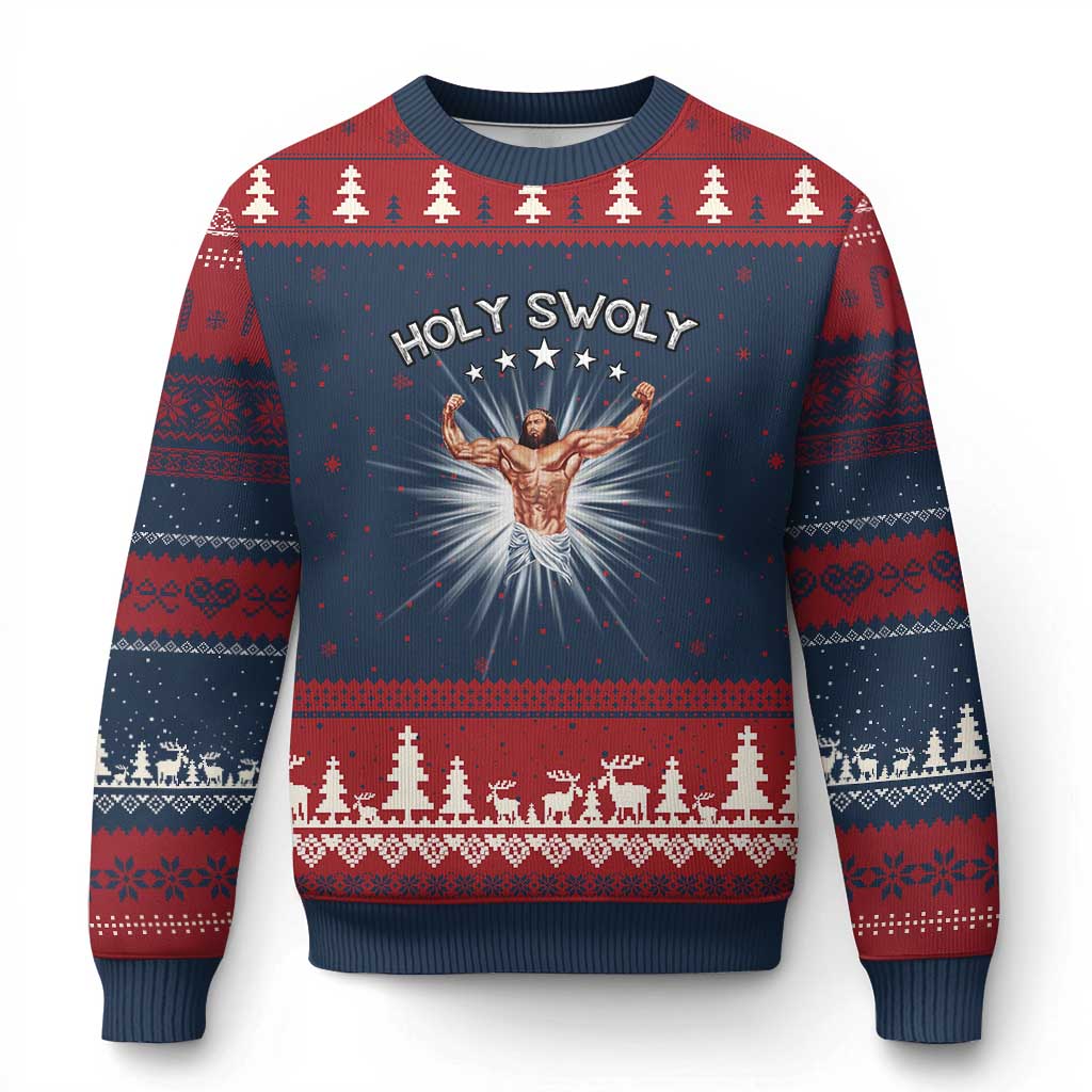 Holy Swoly Ugly Christmas Sweater Funny Jesus Workout Motivation Bodybuilding Fitness TS02 Navy Red Print Your Wear