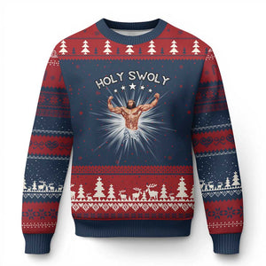 Holy Swoly Ugly Christmas Sweater Funny Jesus Workout Motivation Bodybuilding Fitness TS02 Navy Red Print Your Wear