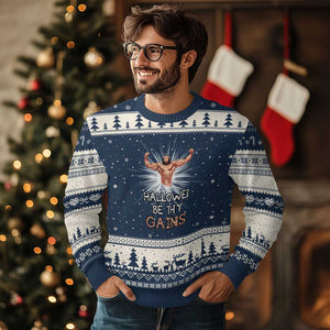 Hallowed Be Thy Gains Ugly Christmas Sweater Funny Jesus Workout Motivation Bodybuilding Fitness TS02 Navy Beige Print Your Wear