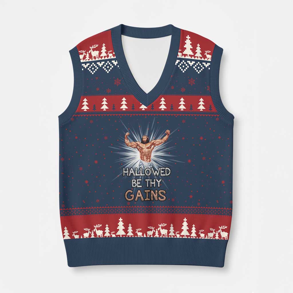 Hallowed Be Thy Gains V-Neck Knit Sweater Vest Funny Jesus Workout Motivation Bodybuilding Fitness TS02 Navy Red Print Your Wear