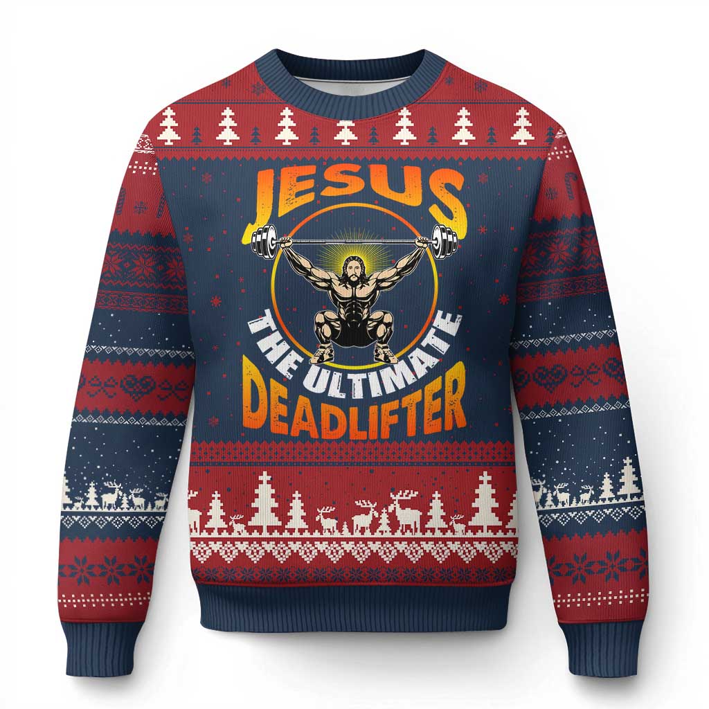 Jesus The Ultimate Deadlifter Ugly Christmas Sweater Funny Jesus Workout Motivation Bodybuilding Fitness TS02 Navy Red Print Your Wear