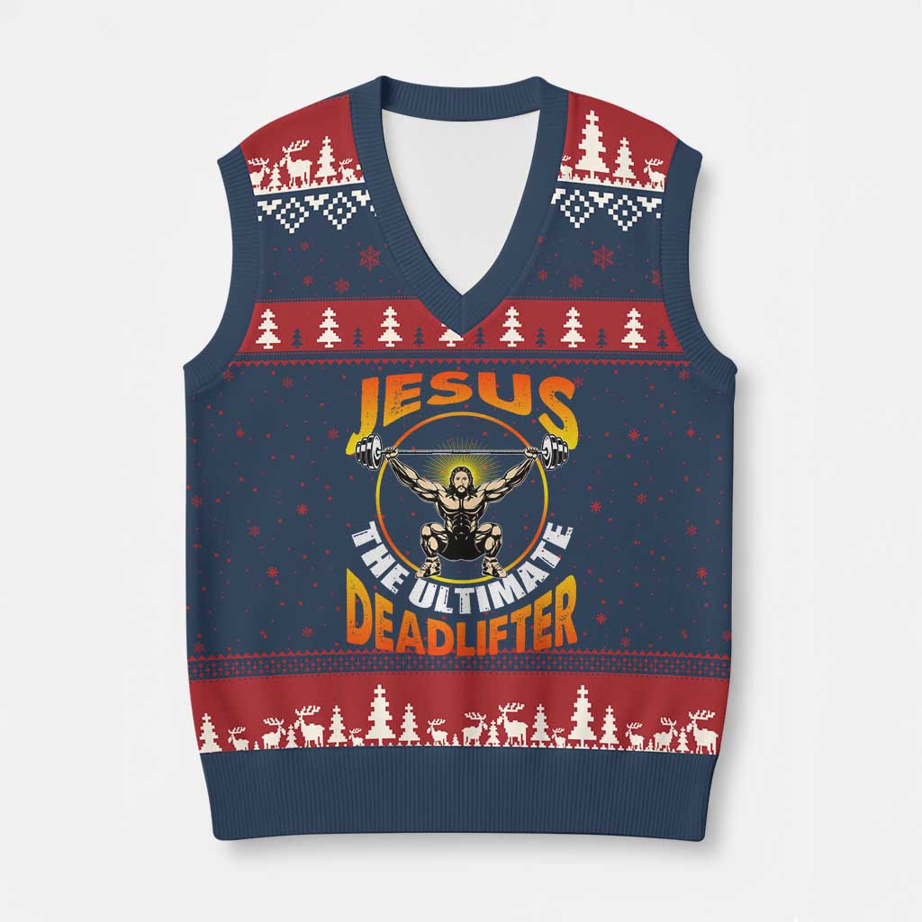 Jesus The Ultimate Deadlifter V-Neck Knit Sweater Vest Funny Jesus Workout Motivation Bodybuilding Fitness TS02 Navy Red Print Your Wear