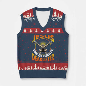 Jesus The Ultimate Deadlifter V-Neck Knit Sweater Vest Funny Jesus Workout Motivation Bodybuilding Fitness TS02 Navy Red Print Your Wear