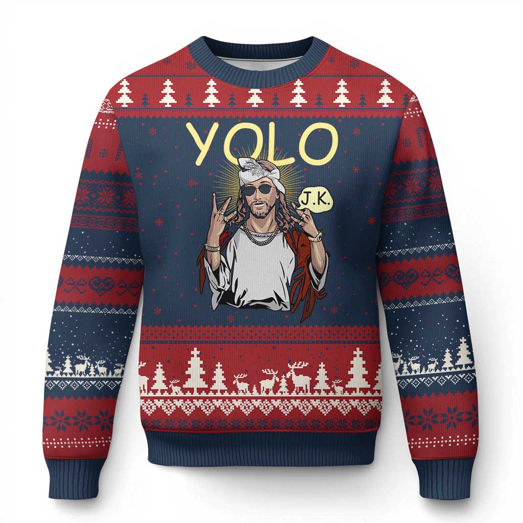 Funny Jesus YOLO JK Ugly Christmas Sweater Just Kidding Funny Christian Religious TS02 Navy Red Print Your Wear