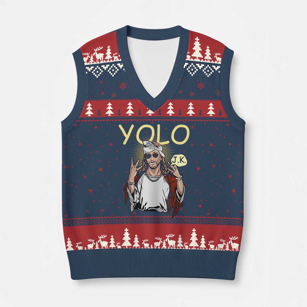 Funny Jesus YOLO JK V-Neck Knit Sweater Vest Just Kidding Funny Christian Religious TS02 Navy Red Print Your Wear