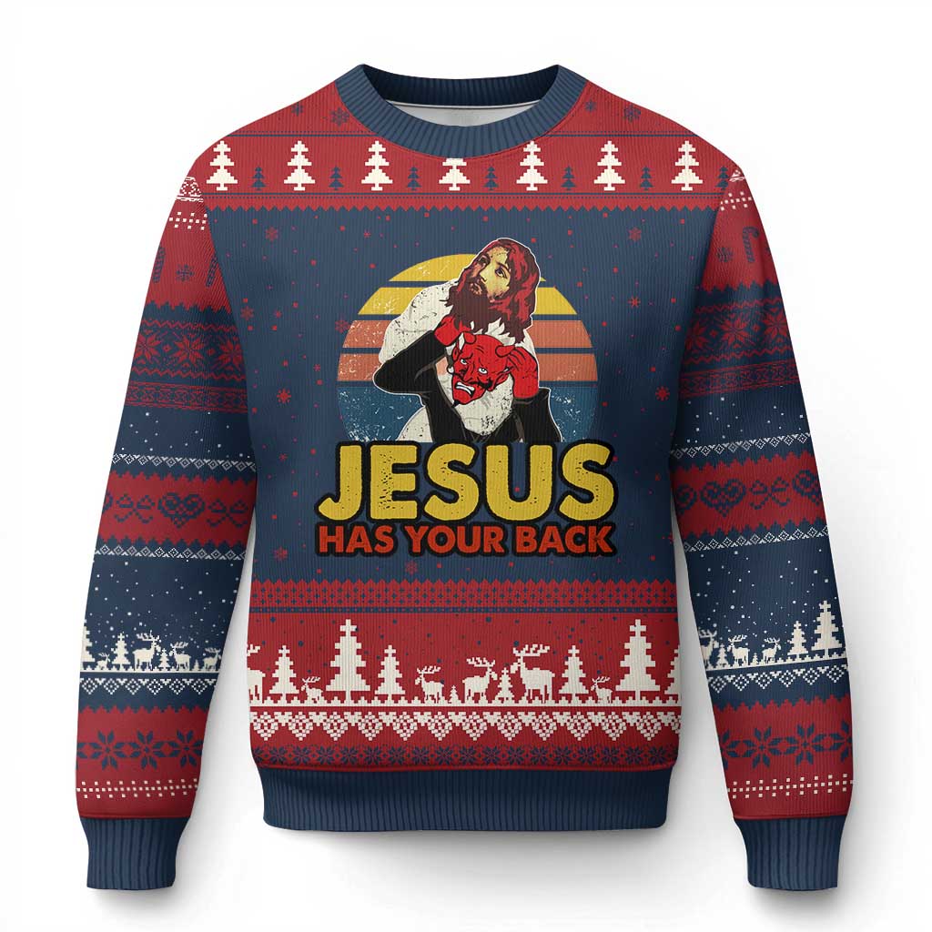 Funny Jesus Satan Meme Ugly Christmas Sweater Has Your Back Jiu Jitsu Retro Religious Christian TS02 Navy Red Print Your Wear