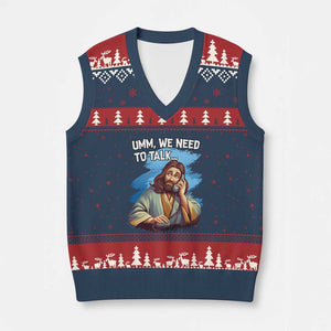 Funny Jesus V-Neck Knit Sweater Vest We Need To Talk Christian Religious Meme TS02 Navy Red Print Your Wear