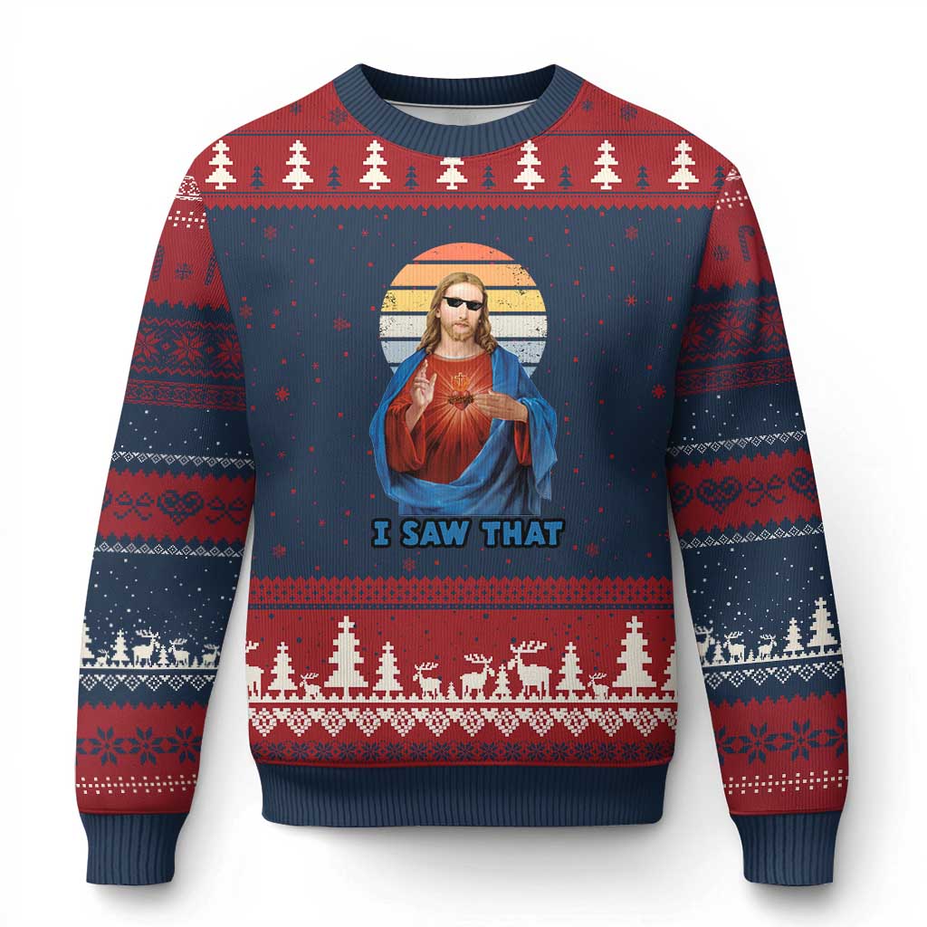Funny Jesus Ugly Christmas Sweater I Saw That Christian Religious Meme Retro TS02 Navy Red Print Your Wear