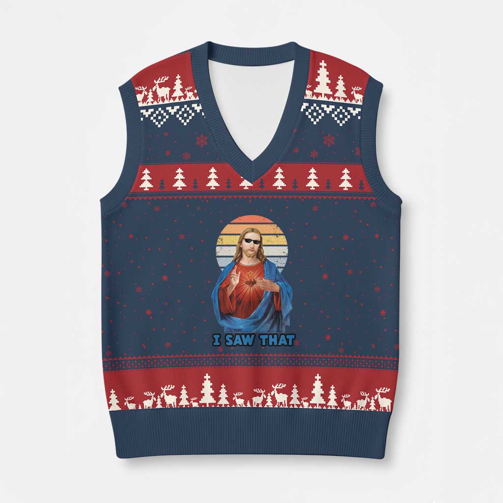 Funny Jesus V-Neck Knit Sweater Vest I Saw That Christian Religious Meme Retro TS02 Navy Red Print Your Wear