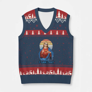 Funny Jesus V-Neck Knit Sweater Vest I Saw That Christian Religious Meme Retro TS02 Navy Red Print Your Wear