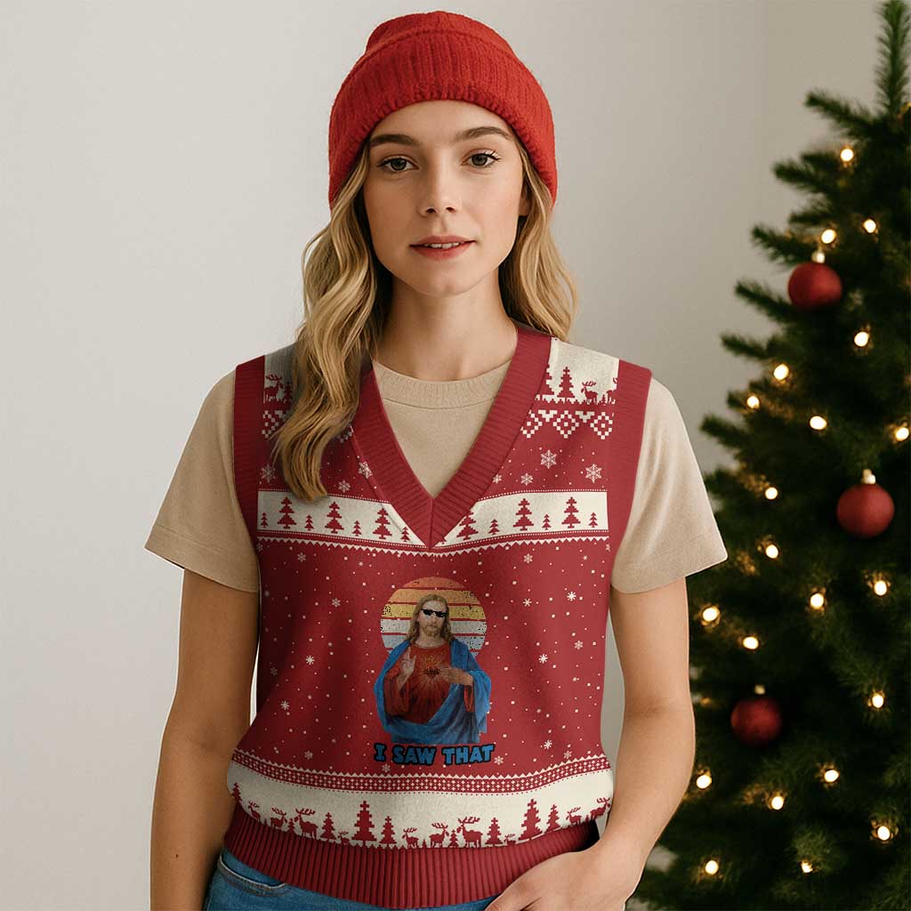 Funny Jesus V-Neck Knit Sweater Vest I Saw That Christian Religious Meme Retro TS02 Red Beige Print Your Wear