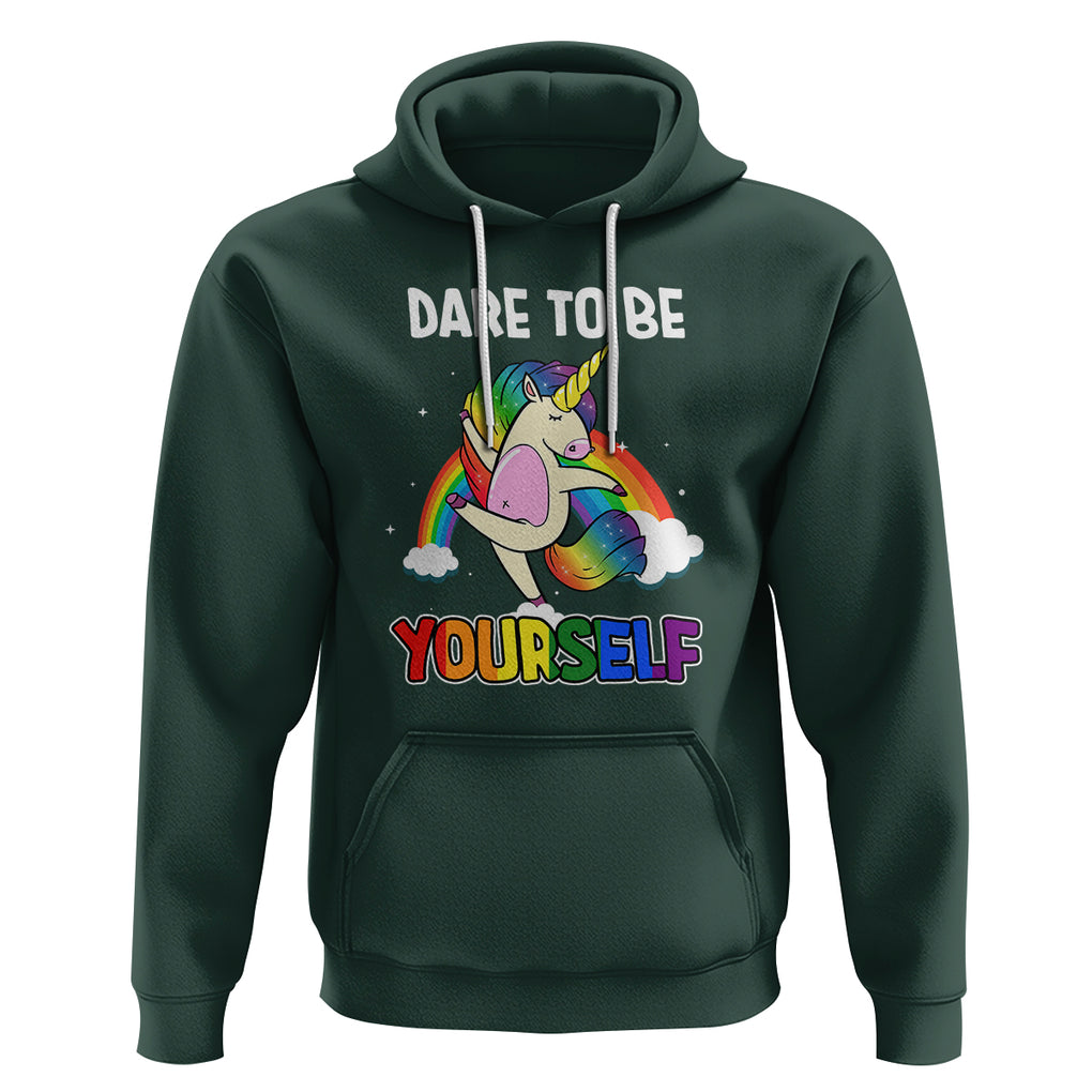 LGBT Cute Unicorn Hoodie Dare To Be Yourself LGBTQ Gay Pride Flag Rainbow TS02 Dark Forest Green Printyourwear