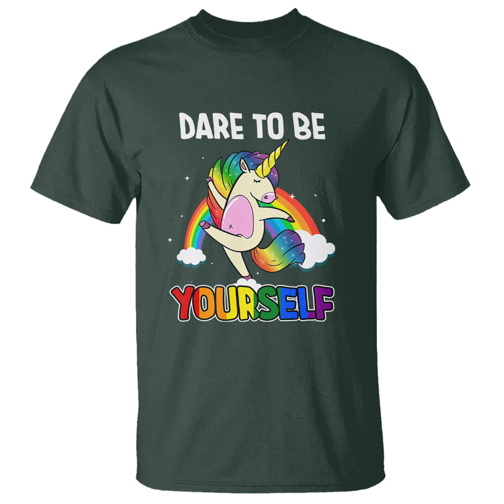 LGBT Cute Unicorn T Shirt Dare To Be Yourself LGBTQ Gay Pride Flag Rainbow TS02 Dark Forest Green Printyourwear