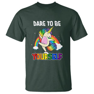 LGBT Cute Unicorn T Shirt Dare To Be Yourself LGBTQ Gay Pride Flag Rainbow TS02 Dark Forest Green Printyourwear