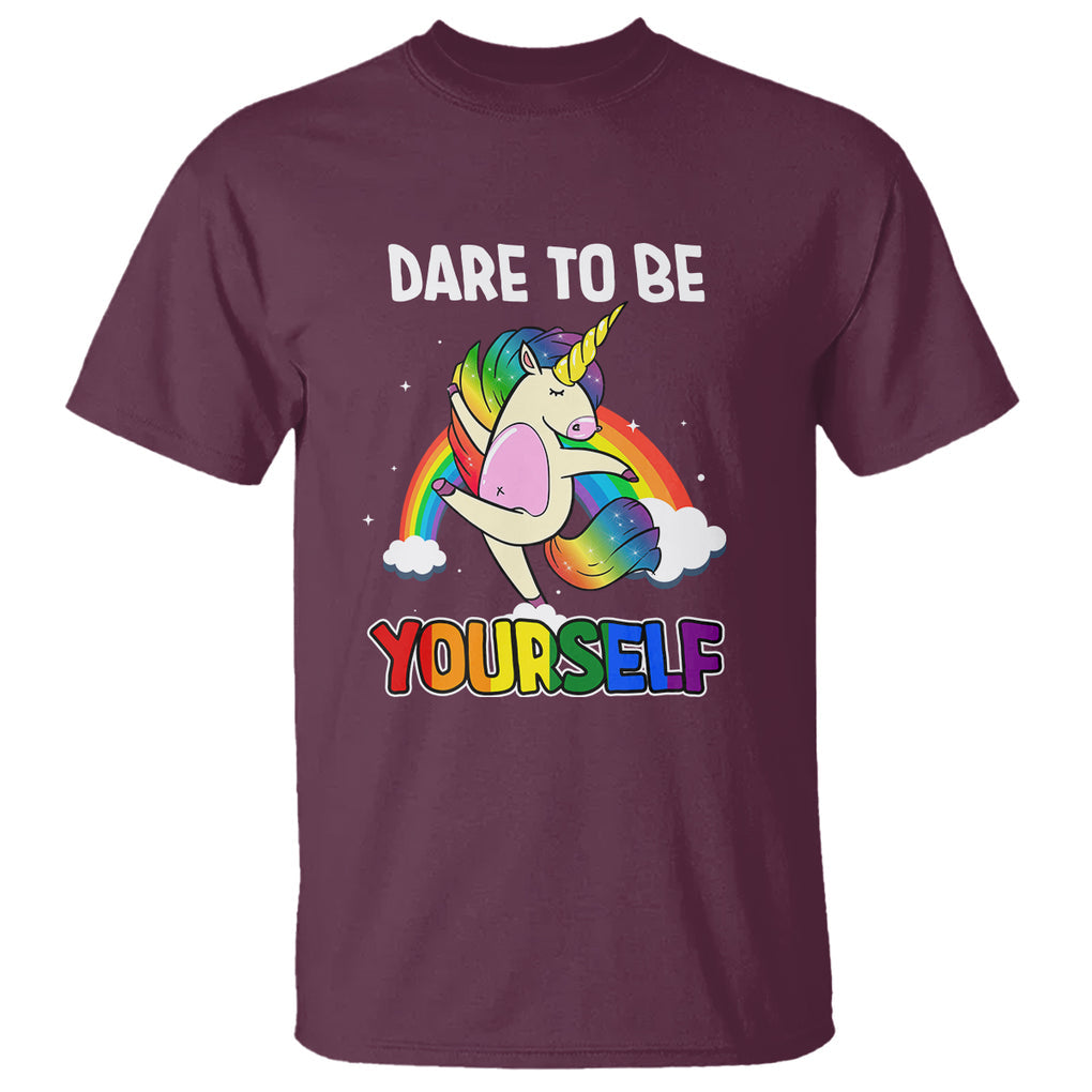 LGBT Cute Unicorn T Shirt Dare To Be Yourself LGBTQ Gay Pride Flag Rainbow TS02 Maroon Printyourwear