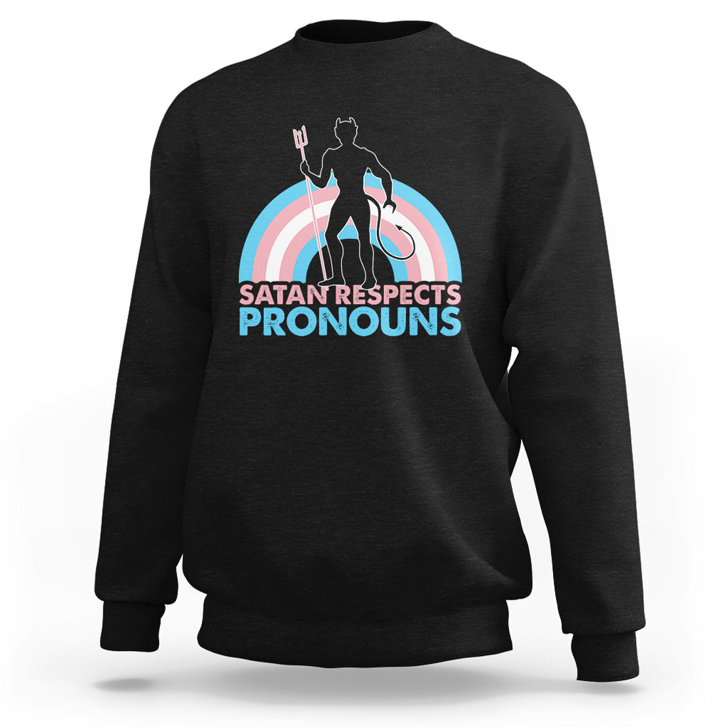 Satan Respects Pronouns Sweatshirt Transgender Pride Flag Devil Protect Trans Kids TS02 Black Printyourwear