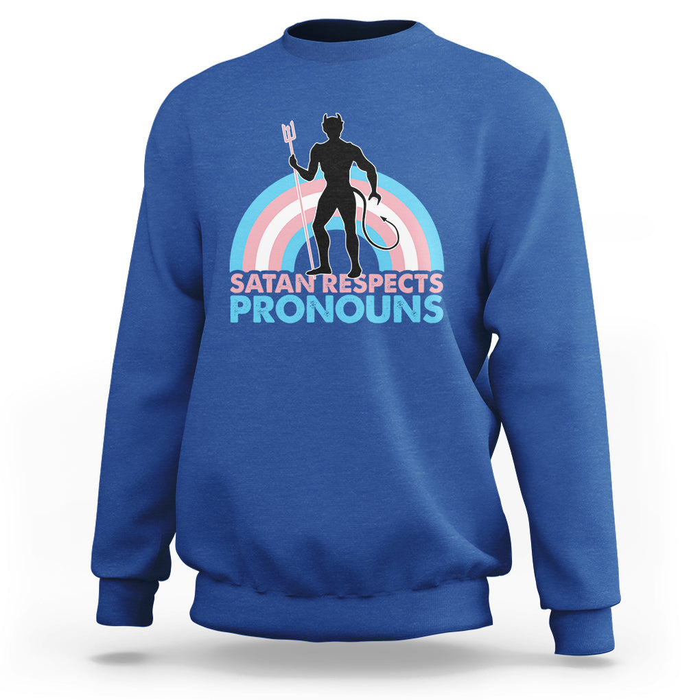 Satan Respects Pronouns Sweatshirt Transgender Pride Flag Devil Protect Trans Kids TS02 Royal Blue Printyourwear