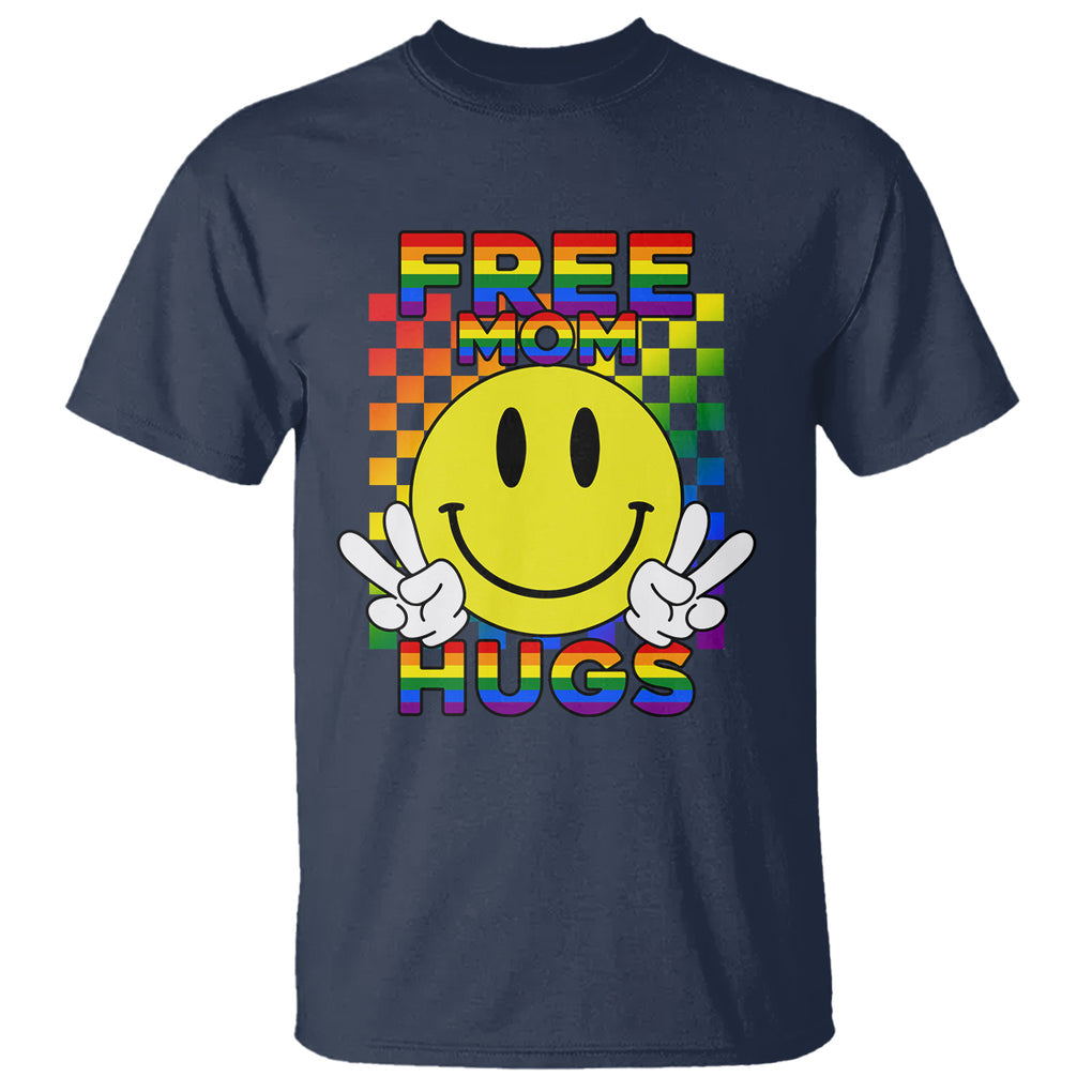 LGBT Free Hugs Support T Shirt Mom Hug Mama LGBTQ Ally Rainbow Flag Retro TS02 Navy Printyourwear