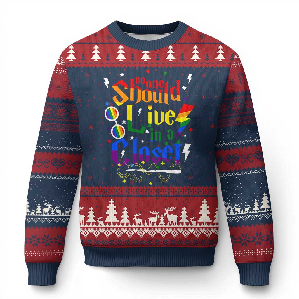 No One Should Live in a Closet Ugly Christmas Sweater LGBTQ+ Pride Empowerment Ally TS02 Navy Red Print Your Wear