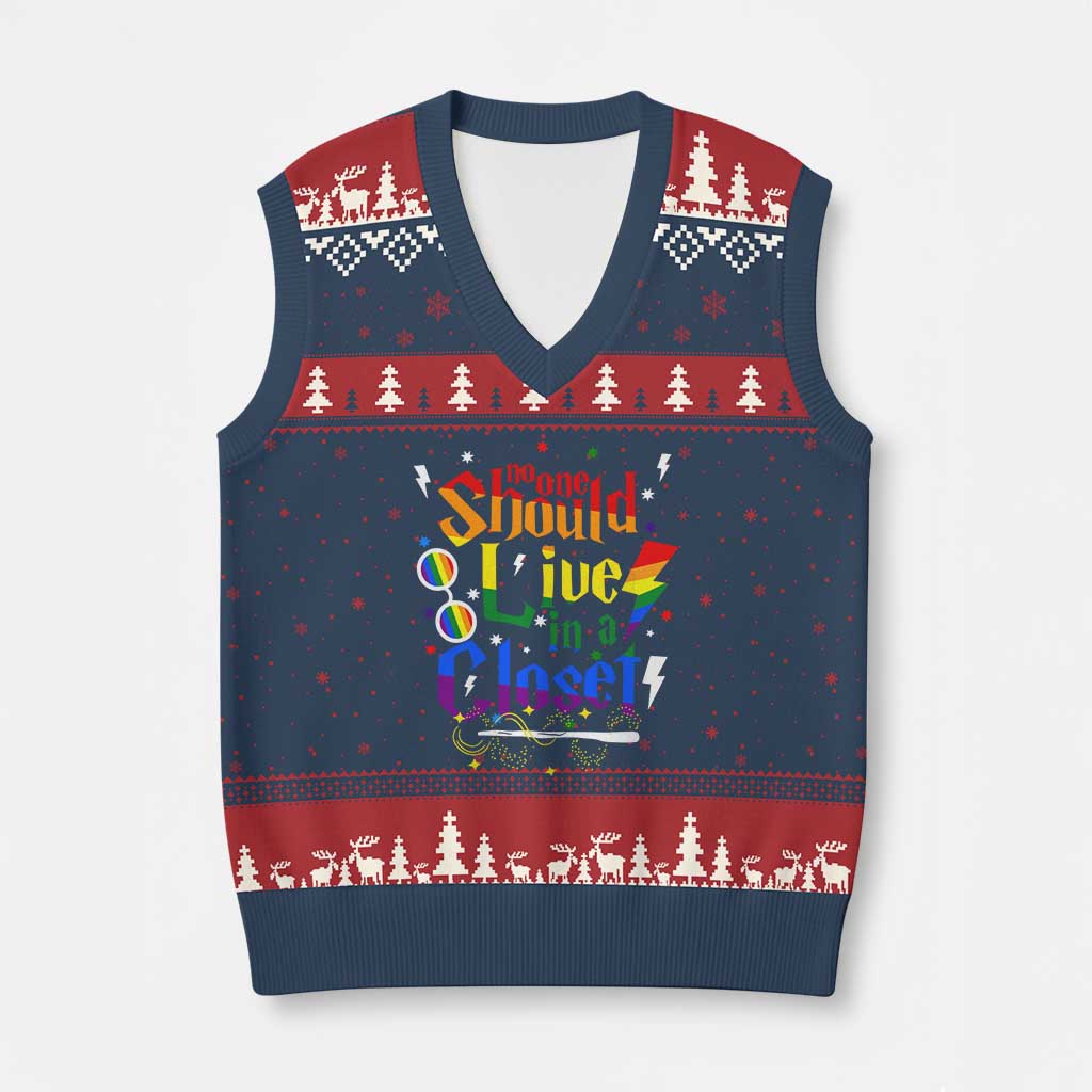 No One Should Live in a Closet V-Neck Knit Sweater Vest LGBTQ+ Pride Empowerment Ally TS02 Navy Red Print Your Wear