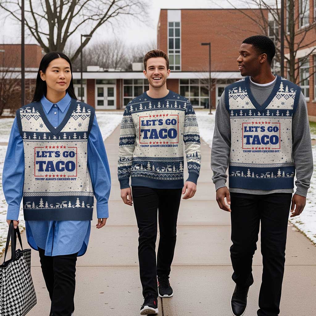 Funny Let's Go Taco V-Neck Knit Sweater Vest Tacos for President Humor TS02 Beige Navy Print Your Wear