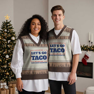 Funny Let's Go Taco V-Neck Knit Sweater Vest Tacos for President Humor TS02 Mocha Mousse Print Your Wear