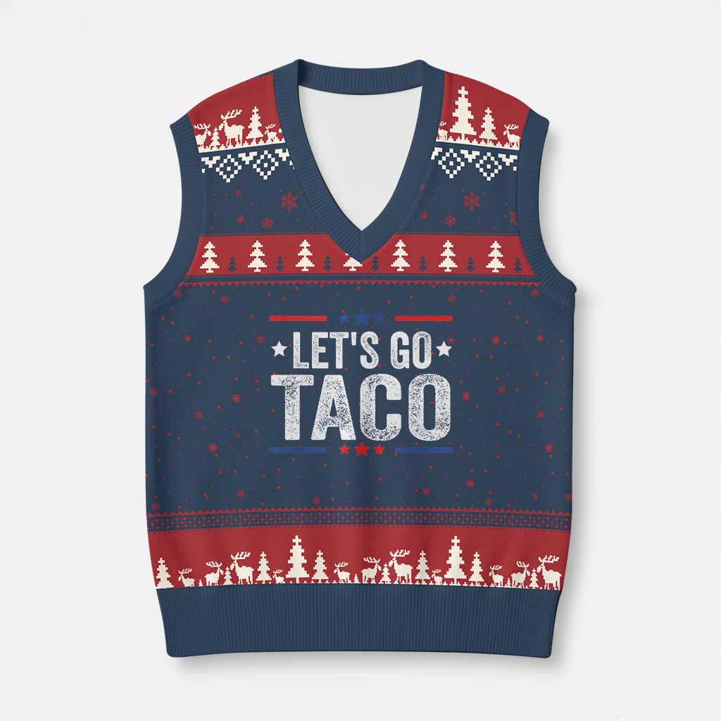 Funny Lets Go Taco V-Neck Knit Sweater Vest Trump Always Chickens Out Humor American Flag TS02 Navy Red Print Your Wear