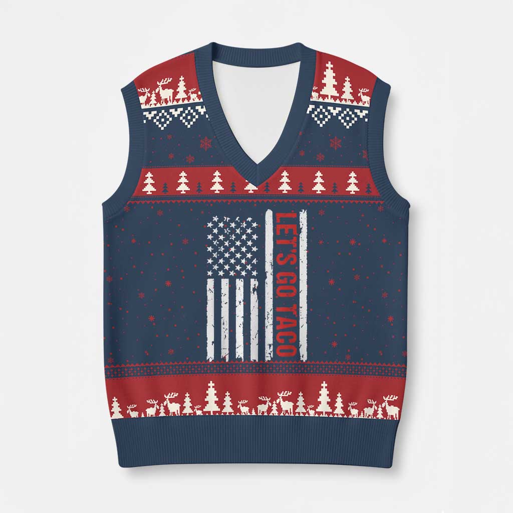 Funny Let's Go Taco V-Neck Knit Sweater Vest Stars and Stripes Political Satire TS02 Navy Red Print Your Wear