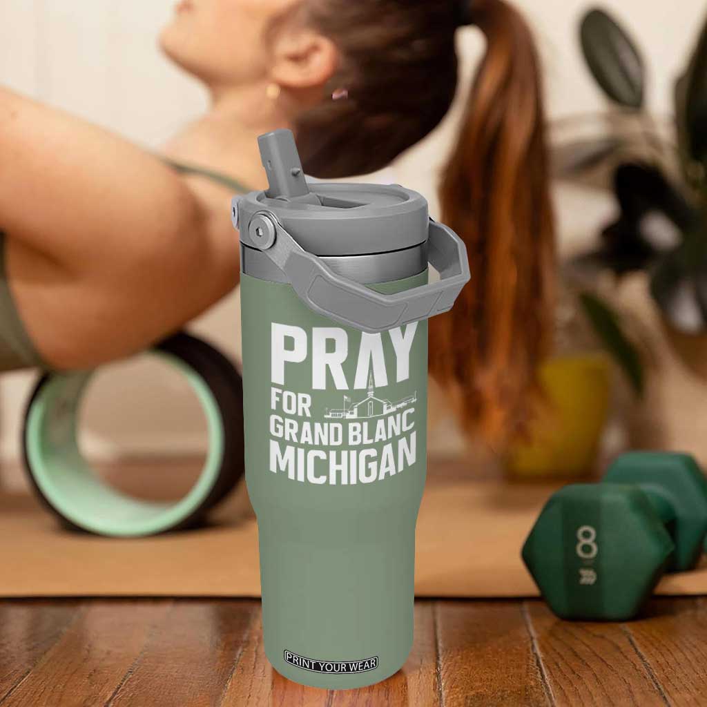 Pray for Grand Blanc Michigan Flip Straw Tumbler Faith and Community Support TS02 One Size: 30 oz Moss Green Print Your Wear
