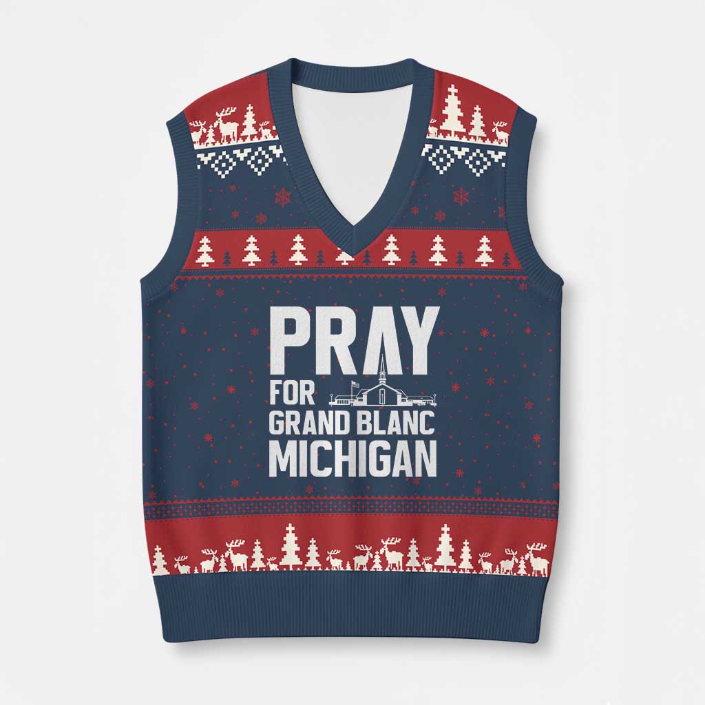 Pray for Grand Blanc Michigan V-Neck Knit Sweater Vest Faith and Community Support TS02 Navy Red Print Your Wear
