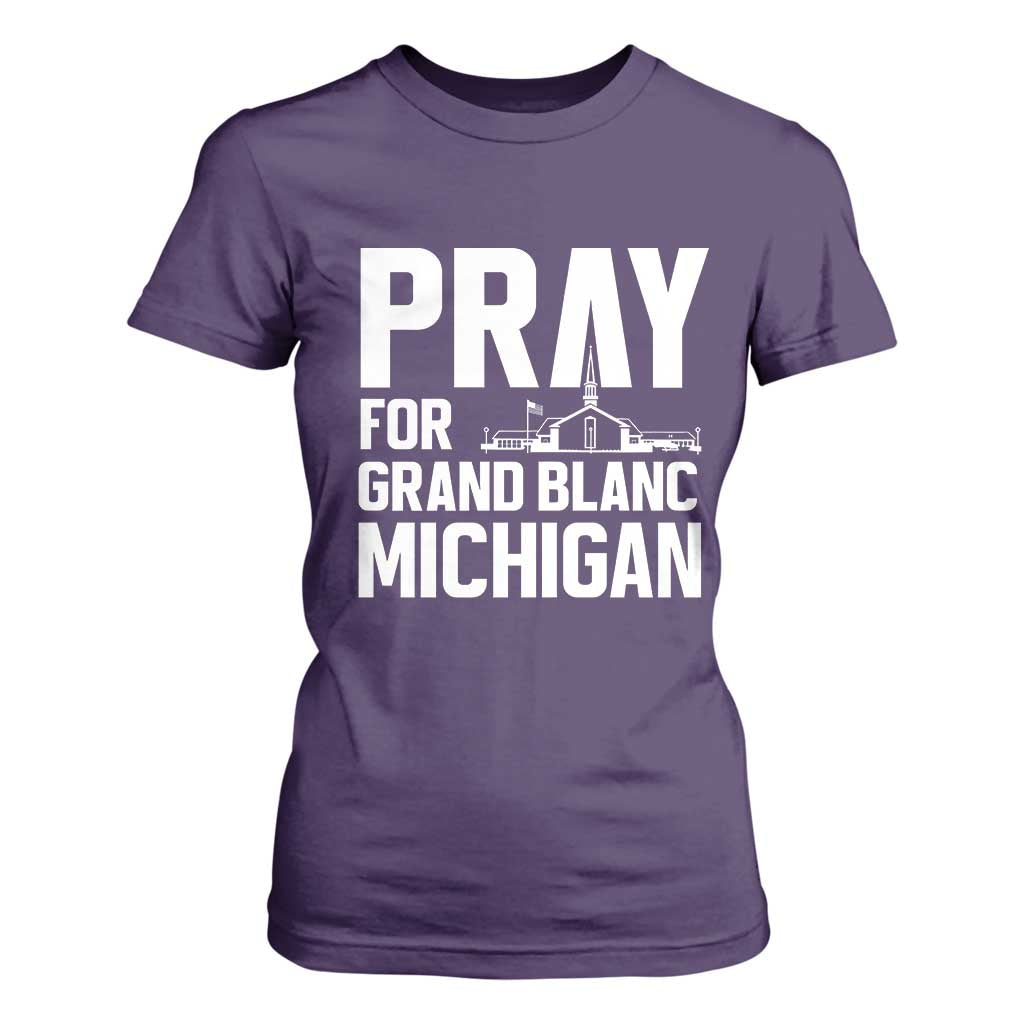 Pray for Grand Blanc Michigan T Shirt For Women Faith and Community Support TS02 Purple Print Your Wear