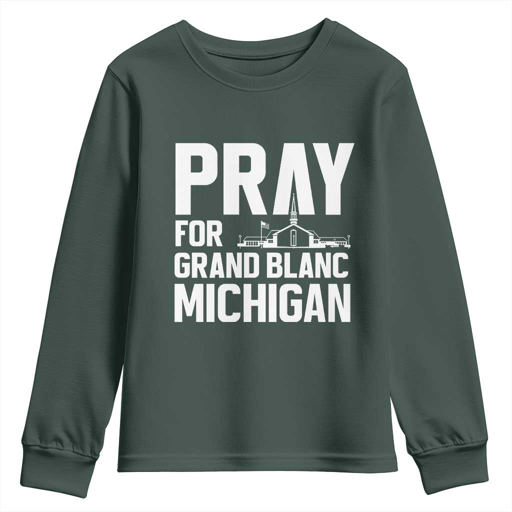 Pray for Grand Blanc Michigan Youth Sweatshirt Faith and Community Support TS02 Dark Forest Green Print Your Wear