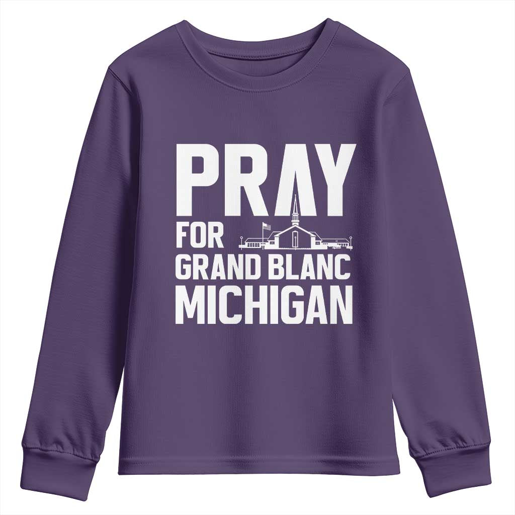 Pray for Grand Blanc Michigan Youth Sweatshirt Faith and Community Support TS02 Purple Print Your Wear