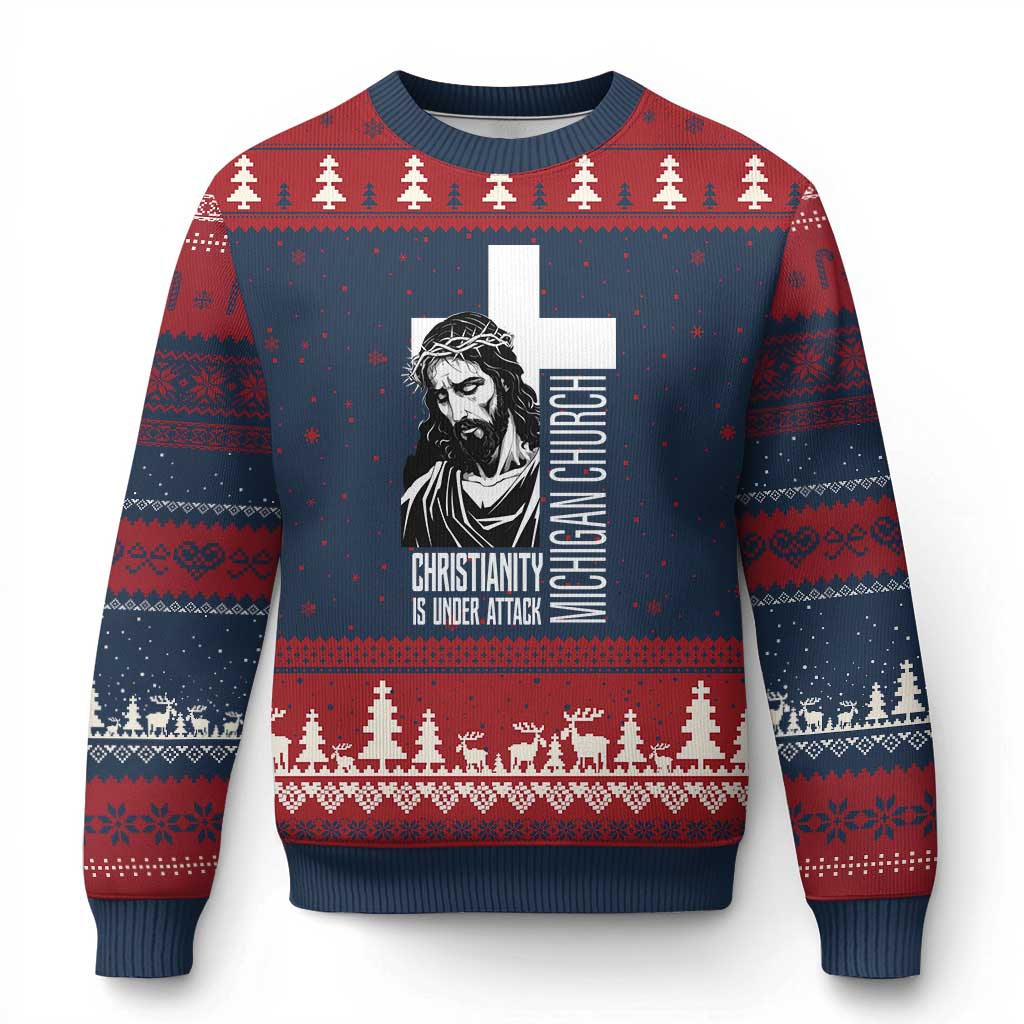Christianity Is Under Attack Ugly Christmas Sweater Jesus Stand for Faith Michigan Church TS02 Navy Red Print Your Wear