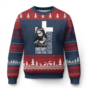Christianity Is Under Attack Ugly Christmas Sweater Jesus Stand for Faith Michigan Church TS02 Navy Red Print Your Wear