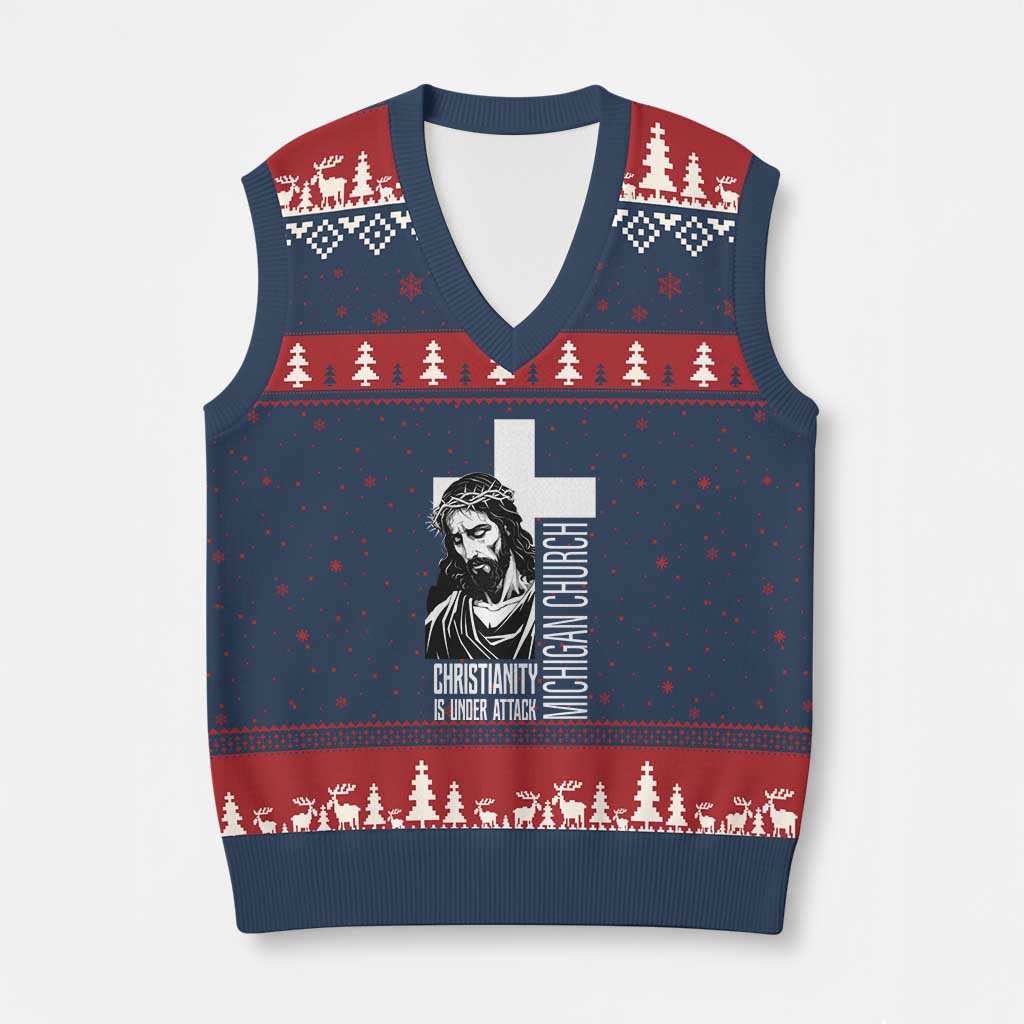 Christianity Is Under Attack V-Neck Knit Sweater Vest Jesus Stand for Faith Michigan Church TS02 Navy Red Print Your Wear